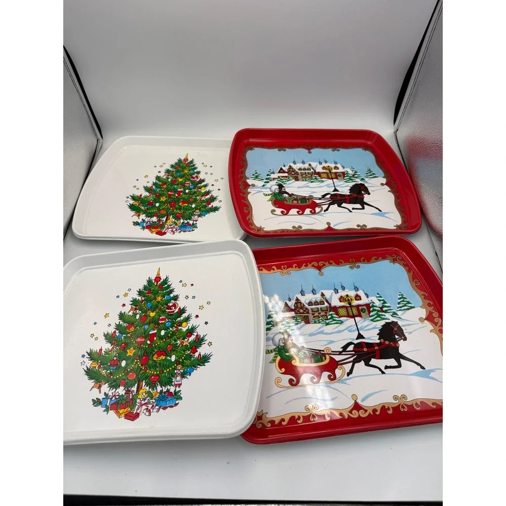 Vintage Ullman Co Christmas Trays Set of 4 Sleigh Horse Christmas Tree Plastic